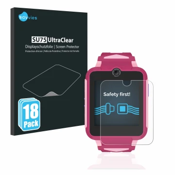 Face avant d’un emballage produit avec le logo de la marque Savvies. À côté, l’appareil TCL Movetime Family Watch MT42X est re