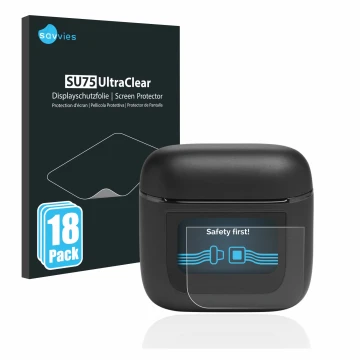 Face avant d’un emballage produit avec le logo de la marque Savvies. À côté, l’appareil JBL Tour Pro 2 est représenté avec la 