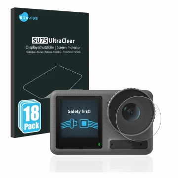 Face avant d’un emballage produit avec le logo de la marque Savvies. À côté, l’appareil DJI Osmo Action 3 (Lentille) est repré