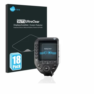 Face avant d’un emballage produit avec le logo de la marque Savvies. À côté, l’appareil Godox XPro II est représenté avec la p