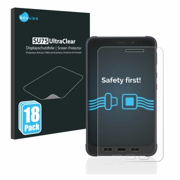 Face avant d’un emballage produit avec le logo de la marque Savvies. À côté, l’appareil Samsung Galaxy Tab Active 3 Enterprise