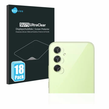 Face avant d’un emballage produit avec le logo de la marque Savvies. À côté, l’appareil Samsung Galaxy A54 5G (Caméra UNIQUEME