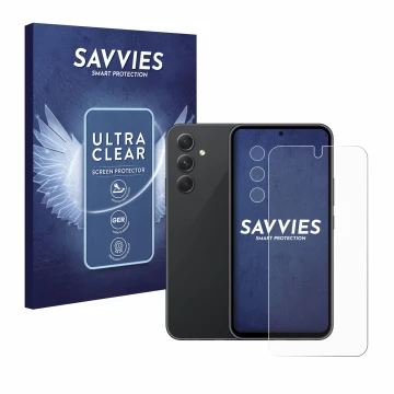 Face avant d’un emballage produit avec le logo de la marque Savvies. À côté, l’appareil Samsung Galaxy A54 5G (Avant+Caméra) e