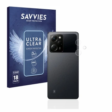 Face avant d’un emballage produit avec le logo de la marque Savvies. À côté, l’appareil Xiaomi Poco X5 Pro (Caméra UNIQUEMENT)