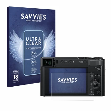 Face avant d’un emballage produit avec le logo de la marque Savvies. À côté, l’appareil Panasonic Lumix DC-TZ202D est représen