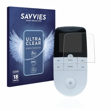 Face avant d’un emballage produit avec le logo de la marque Savvies. À côté, l’appareil Beurer EM 49 Digital TENS/EMS est repr