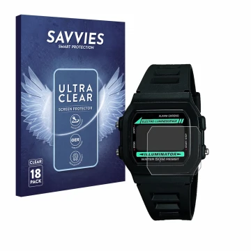 Face avant d’un emballage produit avec le logo de la marque Savvies. À côté, l’appareil Casio W-86-1VQES est représenté avec l