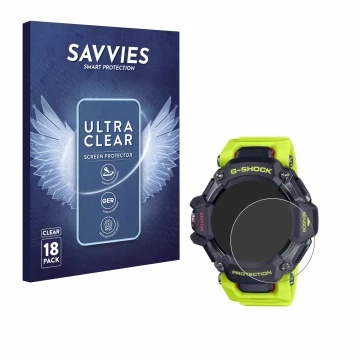 Face avant d’un emballage produit avec le logo de la marque Savvies. À côté, l’appareil Casio G-Shock GBD-H2000 est représenté