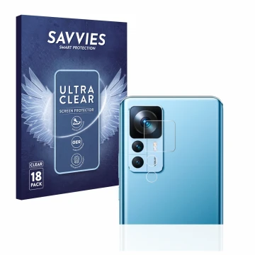 Face avant d’un emballage produit avec le logo de la marque Savvies. À côté, l’appareil Xiaomi 12T (Caméra UNIQUEMENT) est rep