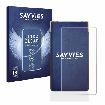 Face avant d’un emballage produit avec le logo de la marque Savvies. À côté, l’appareil Sony Walkman NW-ZX707 est représenté a
