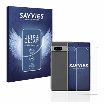 Face avant d’un emballage produit avec le logo de la marque Savvies. À côté, l’appareil Google Pixel 7a (Avant+Caméra) est rep