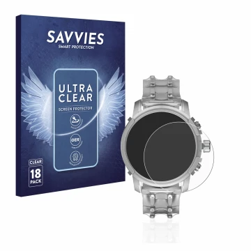 Face avant d’un emballage produit avec le logo de la marque Savvies. À côté, l’appareil Diesel Griffed (45,5 mm) est représent