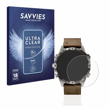 Face avant d’un emballage produit avec le logo de la marque Savvies. À côté, l’appareil Garmin Marq Adventurer (Gen 2) est rep