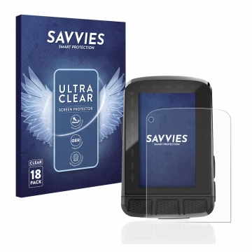 Face avant d’un emballage produit avec le logo de la marque Savvies. À côté, l’appareil Wahoo Elemnt Roam 2 est représenté ave