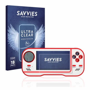 Face avant d’un emballage produit avec le logo de la marque Savvies. À côté, l’appareil Blaze Evercade est représenté avec la 