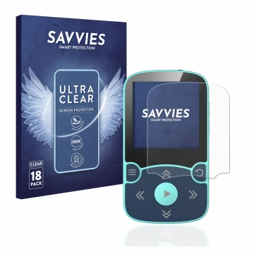 Face avant d’un emballage produit avec le logo de la marque Savvies. À côté, l’appareil AGPtek A65X MP3 Player with clip est r