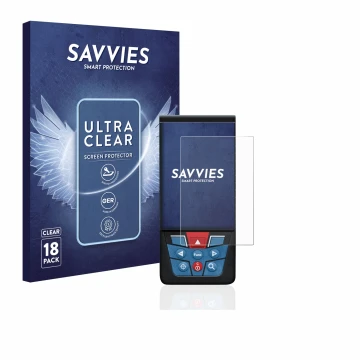 Face avant d’un emballage produit avec le logo de la marque Savvies. À côté, l’appareil Bosch GLM 100-25c est représenté avec 