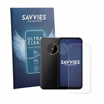 Face avant d’un emballage produit avec le logo de la marque Savvies. À côté, l’appareil Gigaset GX6 (Avant+Caméra) est représe