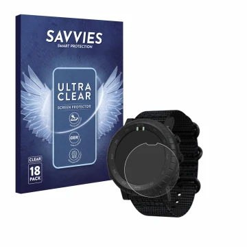 Face avant d’un emballage produit avec le logo de la marque Savvies. À côté, l’appareil Suunto Core Alpha est représenté avec 