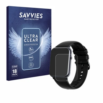 Face avant d’un emballage produit avec le logo de la marque Savvies. À côté, l’appareil Mutoy Smartwatch 1.69
