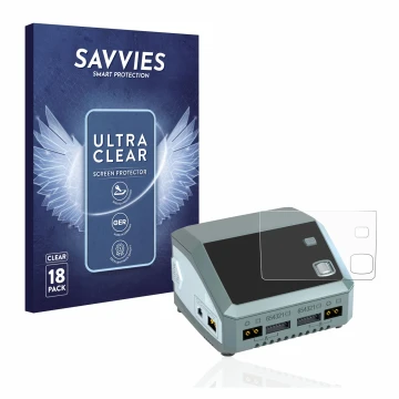 Face avant d’un emballage produit avec le logo de la marque Savvies. À côté, l’appareil SkyRc D200 neo est représenté avec la 