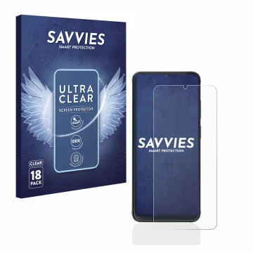 Face avant d’un emballage produit avec le logo de la marque Savvies. À côté, l’appareil Cubot X70 est représenté avec la prote
