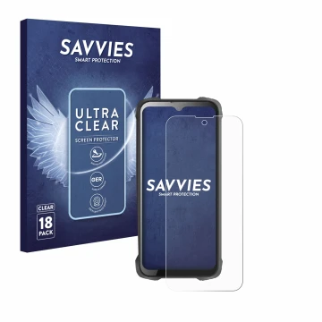 Face avant d’un emballage produit avec le logo de la marque Savvies. À côté, l’appareil Cubot King Kong 9 est représenté avec 