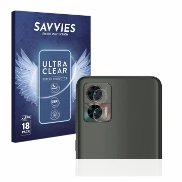 Face avant d’un emballage produit avec le logo de la marque Savvies. À côté, l’appareil Motorola Edge 30 Neo (Caméra UNIQUEMEN