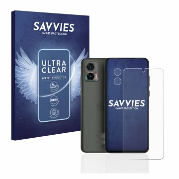 Face avant d’un emballage produit avec le logo de la marque Savvies. À côté, l’appareil Motorola Edge 30 Neo (Avant+Caméra) es