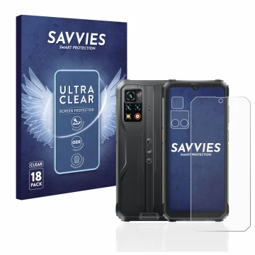 Face avant d’un emballage produit avec le logo de la marque Savvies. À côté, l’appareil Blackview BV9200 (Avant+Caméra) est re