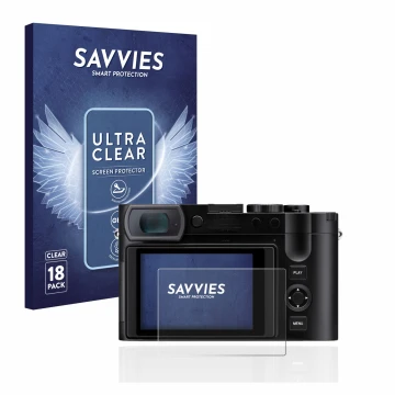 Face avant d’un emballage produit avec le logo de la marque Savvies. À côté, l’appareil Leica Q3 est représenté avec la protec