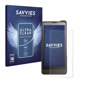 Face avant d’un emballage produit avec le logo de la marque Savvies. À côté, l’appareil Sonim XP10 est représenté avec la prot