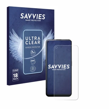 Face avant d’un emballage produit avec le logo de la marque Savvies. À côté, l’appareil Unihertz Luna est représenté avec la p