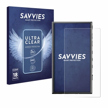 Face avant d’un emballage produit avec le logo de la marque Savvies. À côté, l’appareil Sony Walkman NW-A306 est représenté av