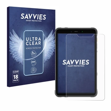 Face avant d’un emballage produit avec le logo de la marque Savvies. À côté, l’appareil Ulefone Armor Pad 8 est représenté ave