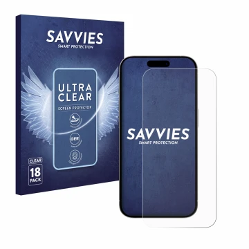 Face avant d’un emballage produit avec le logo de la marque Savvies. À côté, l’appareil Apple iPhone 15 Pro est représenté ave