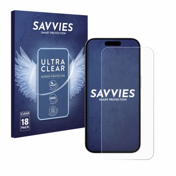 Face avant d’un emballage produit avec le logo de la marque Savvies. À côté, l’appareil Apple iPhone 15 Pro Max est représenté