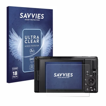 Face avant d’un emballage produit avec le logo de la marque Savvies. À côté, l’appareil Sony ZV-1M2 est représenté avec la pro