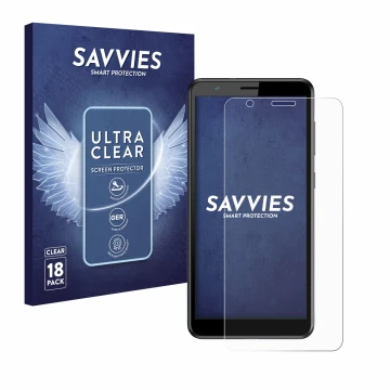 Face avant d’un emballage produit avec le logo de la marque Savvies. À côté, l’appareil ZTE Blade A31 est représenté avec la p