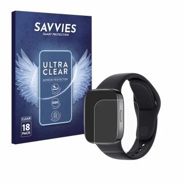 Face avant d’un emballage produit avec le logo de la marque Savvies. À côté, l’appareil Xiaomi Redmi Watch 3 est représenté av