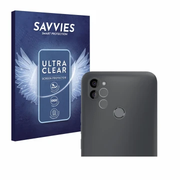 Face avant d’un emballage produit avec le logo de la marque Savvies. À côté, l’appareil Gigaset GS5 Lite (Avant+Caméra) est re