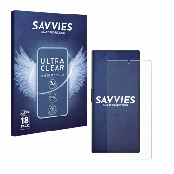 Face avant d’un emballage produit avec le logo de la marque Savvies. À côté, l’appareil ZTE Nubia Red Magic 8S Pro est représe