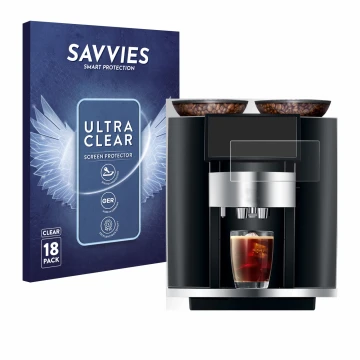 Face avant d’un emballage produit avec le logo de la marque Savvies. À côté, l’appareil Jura Giga 10 est représenté avec la pr