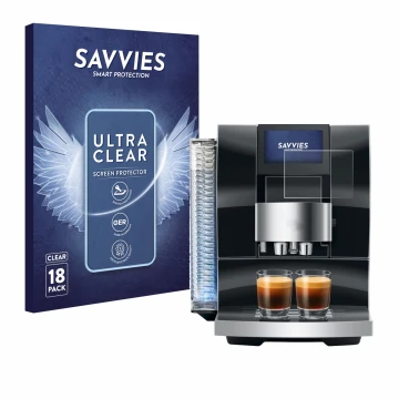 Face avant d’un emballage produit avec le logo de la marque Savvies. À côté, l’appareil Jura Z10 est représenté avec la protec