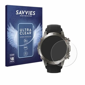 Face avant d’un emballage produit avec le logo de la marque Savvies. À côté, l’appareil Huami Amazfit Falcon est représenté av