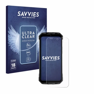 Face avant d’un emballage produit avec le logo de la marque Savvies. À côté, l’appareil Doogee S100 Pro est représenté avec la