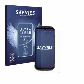 Face avant d’un emballage produit avec le logo de la marque Savvies. À côté, l’appareil Doogee V Max est représenté avec la pr