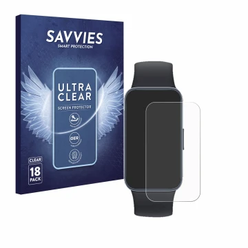Face avant d’un emballage produit avec le logo de la marque Savvies. À côté, l’appareil Huawei Band 8 est représenté avec la p