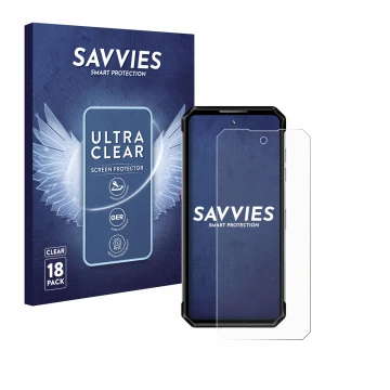 Face avant d’un emballage produit avec le logo de la marque Savvies. À côté, l’appareil Oukitel WP21 Ultra est représenté avec