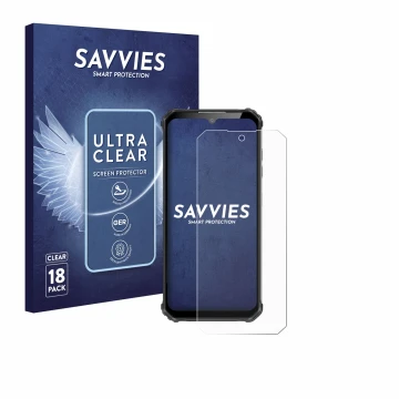Face avant d’un emballage produit avec le logo de la marque Savvies. À côté, l’appareil Oukitel WP22 est représenté avec la pr
